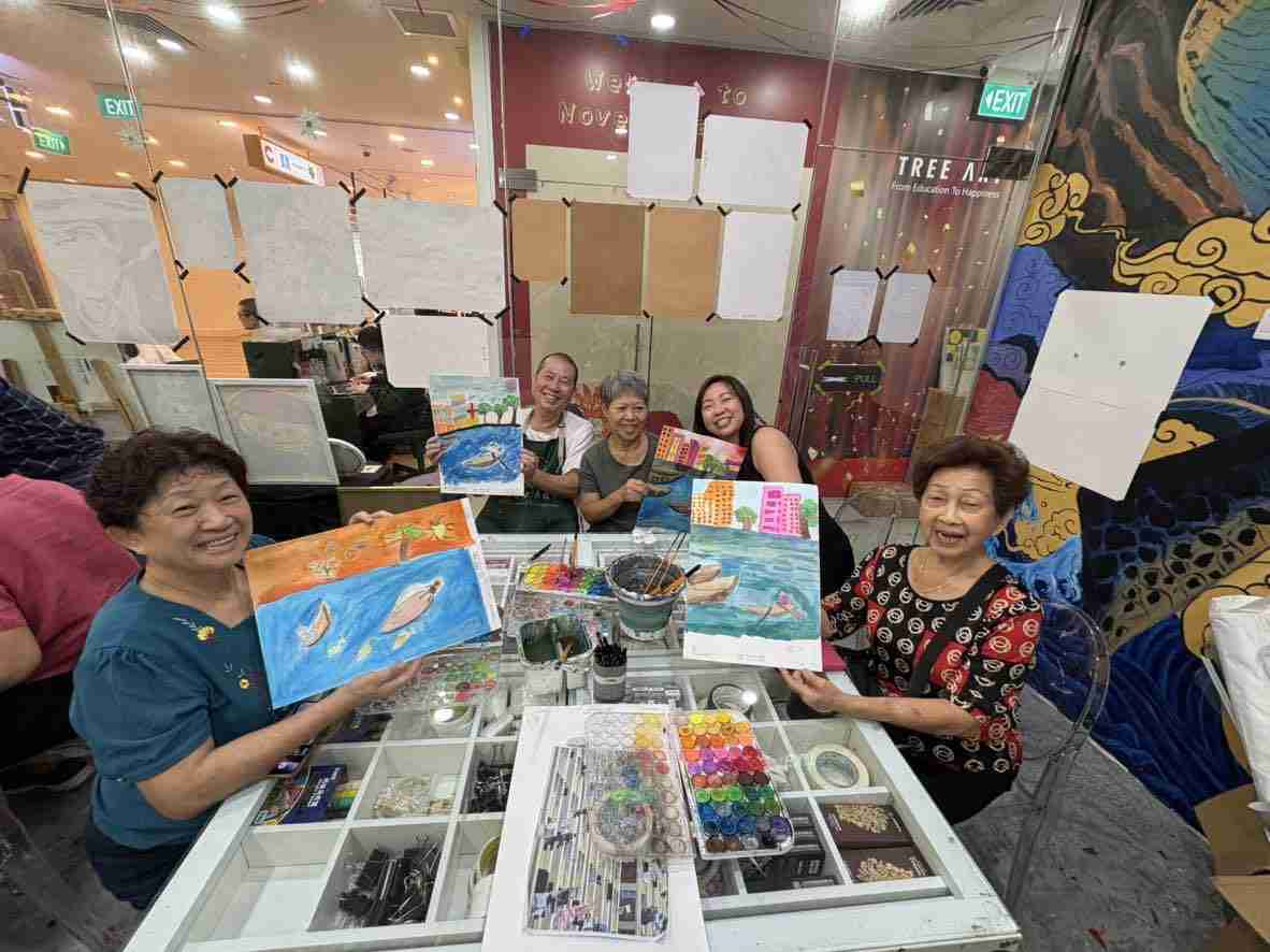 Five adult students holding up their finished harbour and cityscape paintings around a studio table